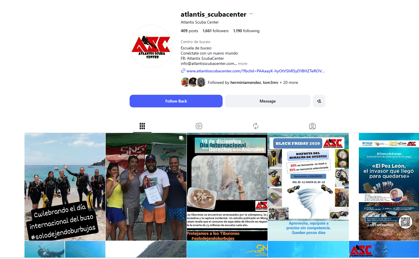 Perfil de Instagram de Atlantis Scuba Center y muestra de sus publicaciones