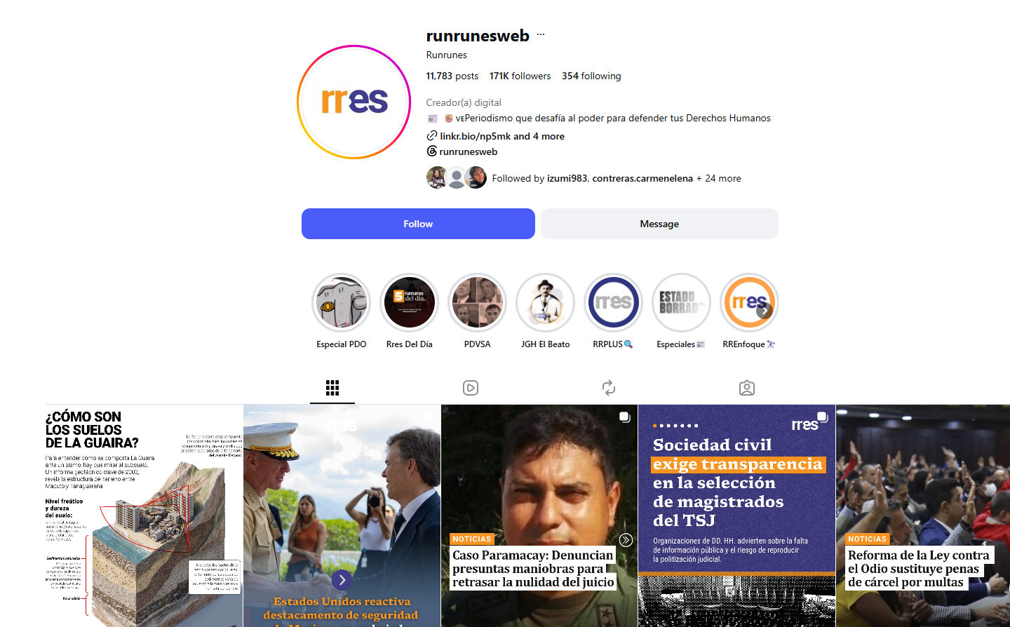 Perfil de Instagram de Runrunes y una muestra de sus publicaciones